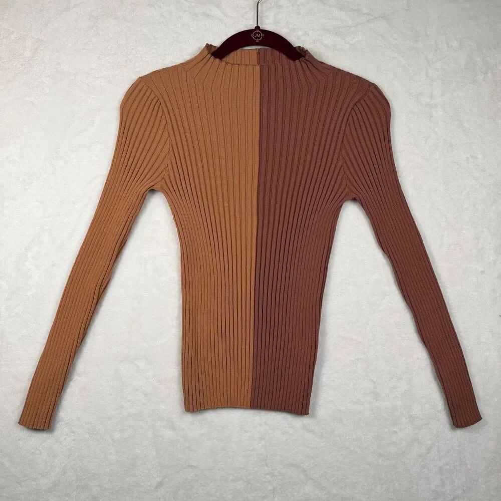 Red by BKE Rib Knit Mock Neck Sweater Womens S Colorblock Long Sleeve Stretch